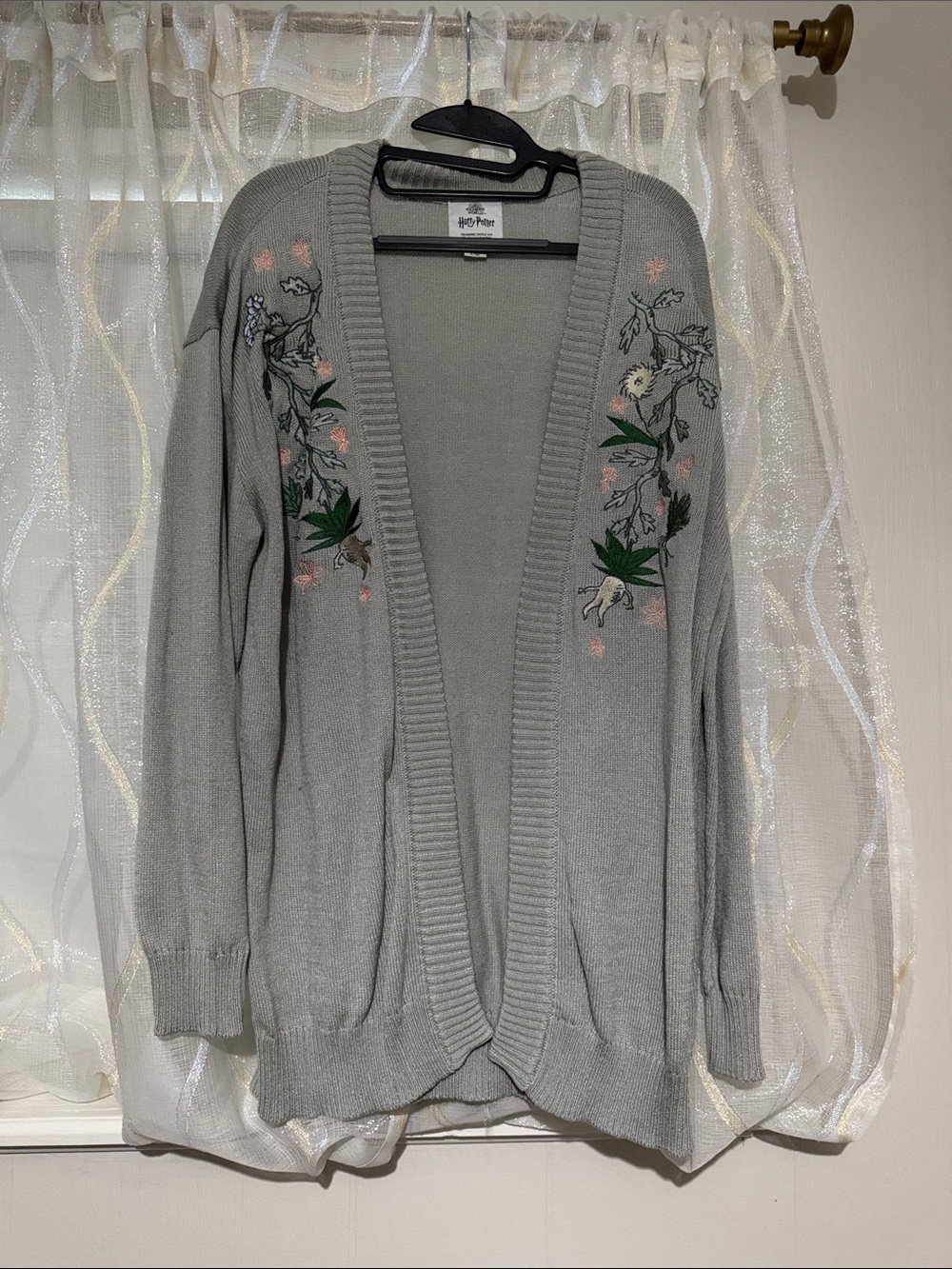 Embroidered Light Grey Open-Front Cardigan Sweater